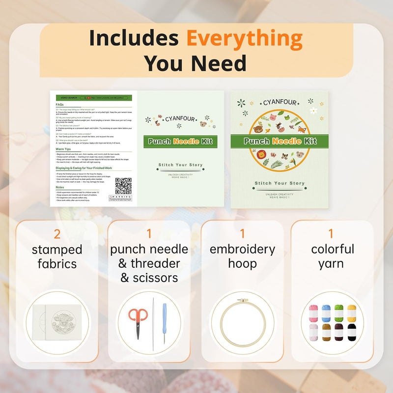 CYANFOUR Punch Needle Kits for Beginner, DIY Punch Needle Kit Adults Beginner Include 2 Pre-Printed Fabrics, Embroidery Hoop, Threads, Tools, Easy for Adults & Children, Craft Gifts and Decorations - Image 2